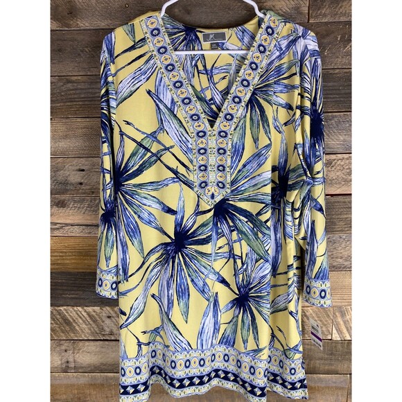 JM Collection Women's Plus Sz XXL Yellow Blue Printed Rhinestone V-Neck Top - Picture 1 of 11